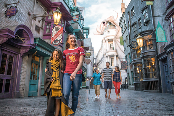 Pessoas caminham no Diagon Alley™, no Universal Orlando Resort™