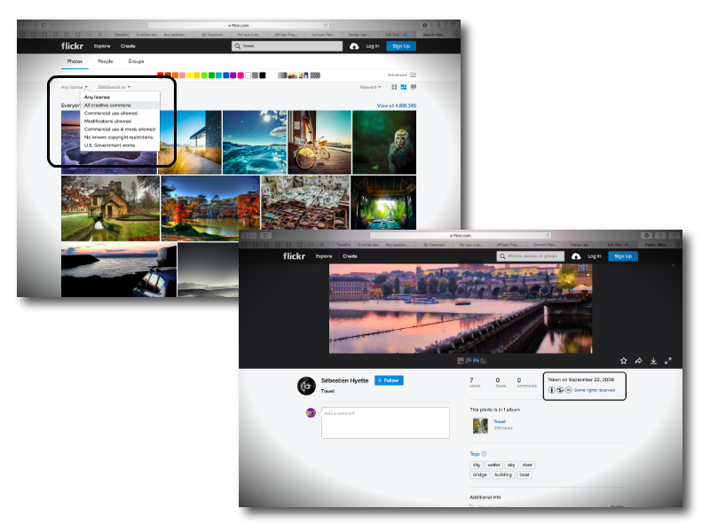 Dicas de bancos de imagens e vídeos gratuitos: Captura de tela do Flickr destacando áreas onde você seleciona a licença de cada imagem. 